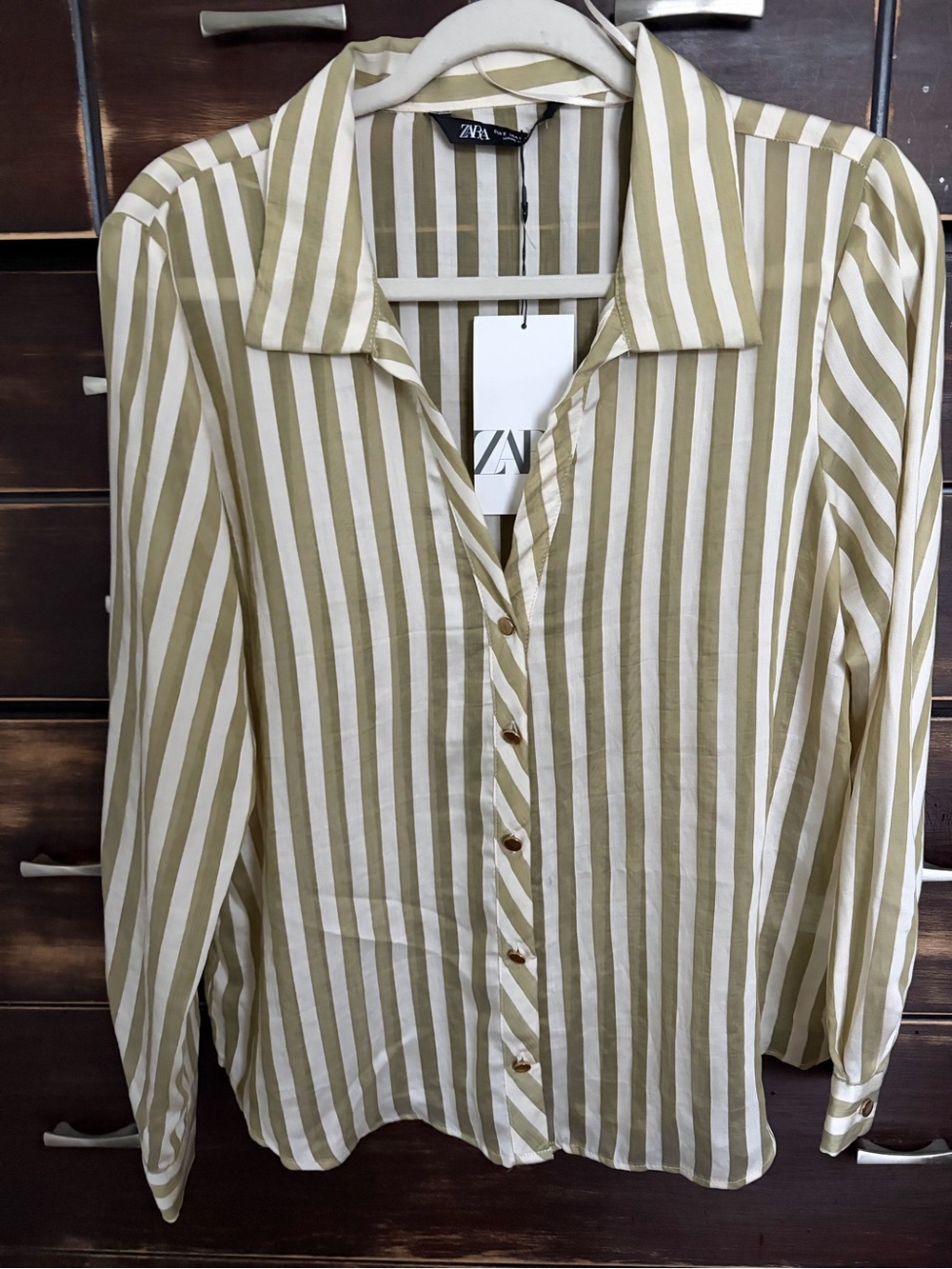 Zara Olive and White Striped Button-Up Shirt Size Small